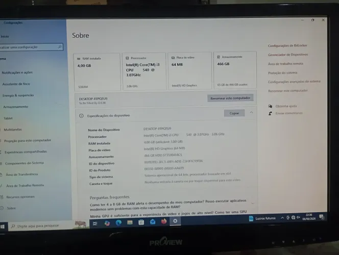 Desktop Core I3, 4gb DDR4, HD 500gb, tela 19", teclado e mouse sem fio