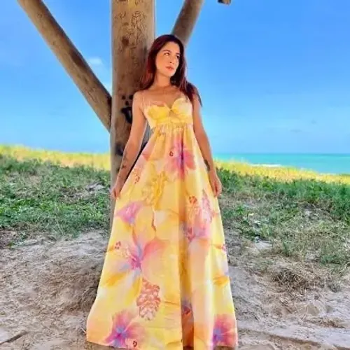 Vestido Farm longo estampado Caribe p
