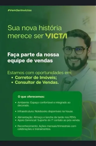 Vaga para consultor de vendas imobiliárias, ganhos comissionados a partir de 4.000,00