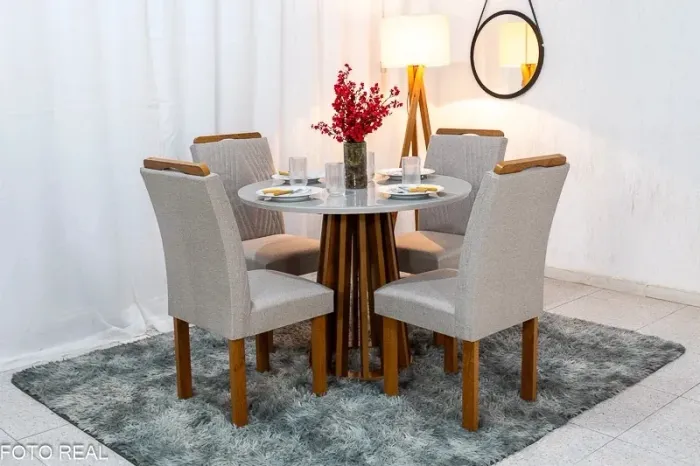 Mesa Jantar Berlim Tampo Vidro Off Redondo 100×100 4 Cadeiras Linho- Produto Novo