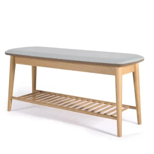 Banco Sapateira com Prateleira Ripada Liva 100x36cm Tauari / Linho Cinza