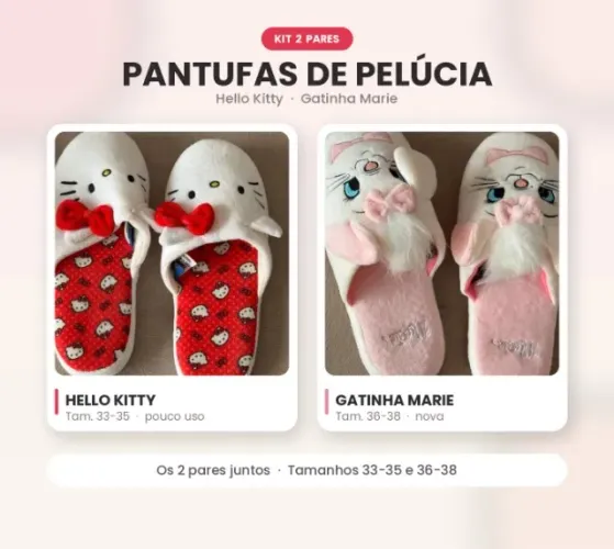Kit 2 Pantufas Pelucia Hello Kitty 33-35 e Gatinha Marie 36-38