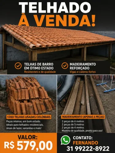 Telhado Usado - 1.200 Telhas Colônial + 6 peças de madeira - R$ 579