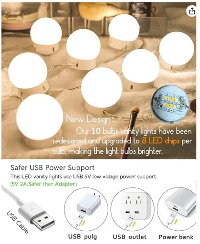 luzes LED para espelho, penteadeira fixam-se com 12 lâmpadas reguláveis, 10 níveis, USB