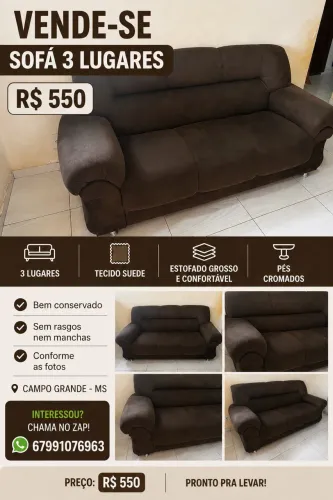 Sofá 3 Lugares Marrom em Suede - R$ 550