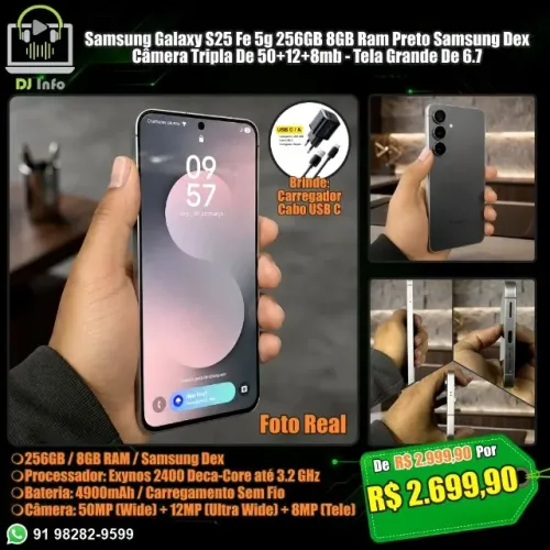 Samsung Galaxy S25 Fe 5g 256GB 8GB Ram Preto Samsung Dex Câmera Tripla 50+12+8mb Tela 6.7