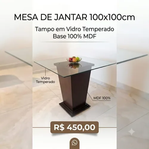 Mesa jantar quadrada 100x100cm Tampo vidro temperado e base MDF