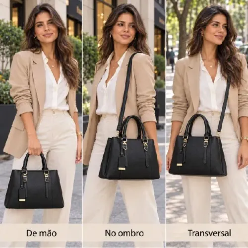 Bolsa Feminina Tote Grande 3 Compartimentos Couro Pu Cores Alça De Mão Transversal