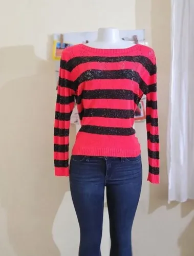 Casaco suéter feminino tricô coral listras lã tam M