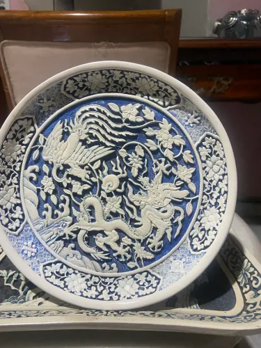 Prato laca chinesa azul e branco 20 cm