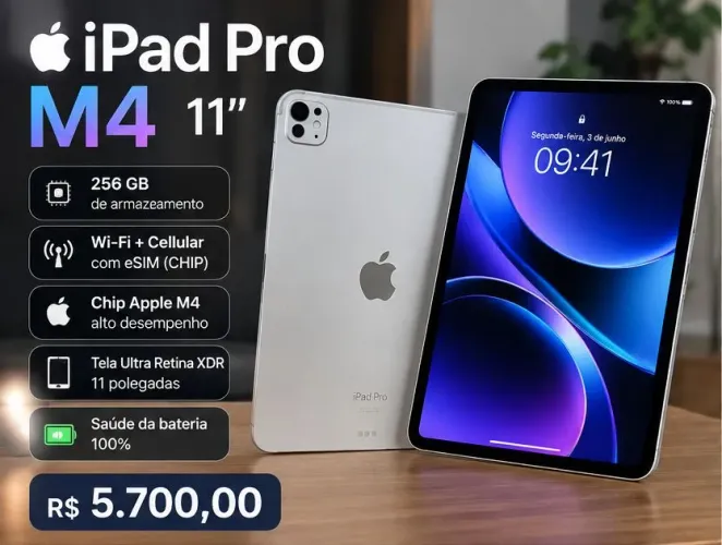 iPad Pro M4 11" 256GB - Wi-Fi + CHIP (eSIM) - Bateria 100%