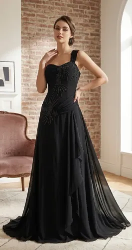 Vestido de Festa Praela - Preto - Ombro único - Longo Tam. 38 Bordado à Mão