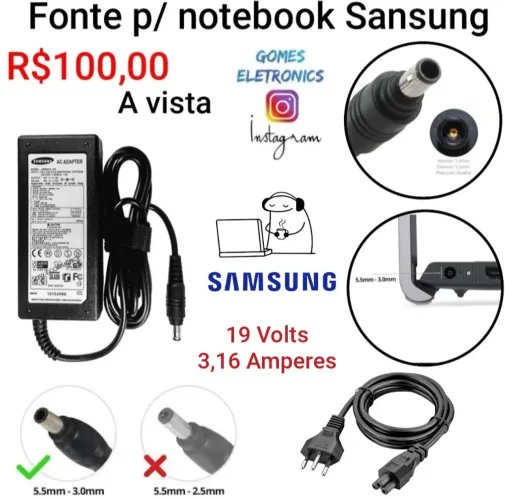 Fonte para notebook Samsung 19V e 3.16A (Loja Fisica)