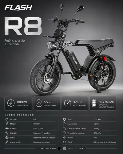 Bike Eletrica R8 (FHASH) 1000w (ZERO KM - SOMOS LOJA)