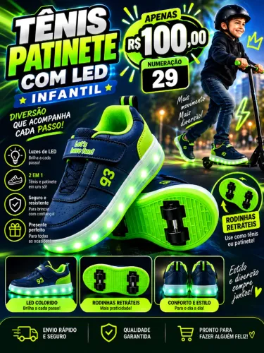 Tênis Patinete Infantil com LED 2 em 1 - Numeração 29 - Novo