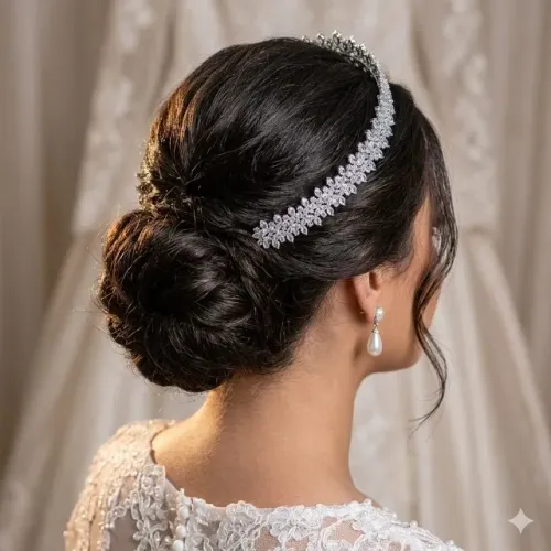 Tiara Coroa Porta Coque Zircônia Prata Penteado Noiva Casamento