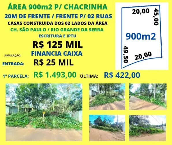 ÁREA P/ CHÁCARA 20m de frente p/ 02 ruas Casas construídas dos 2 lados da ÁREA