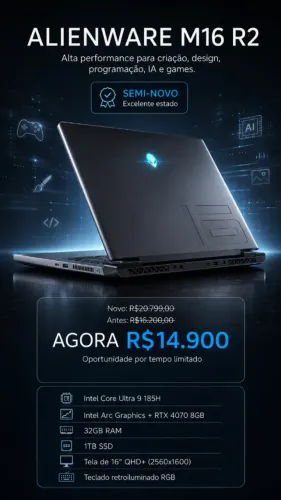 NOTEBOOK GAMER, IA, DESIGNER | Alienware m16 R2 | i9 Ultra | RTX 4070 | 32G DDR5 | 1TB