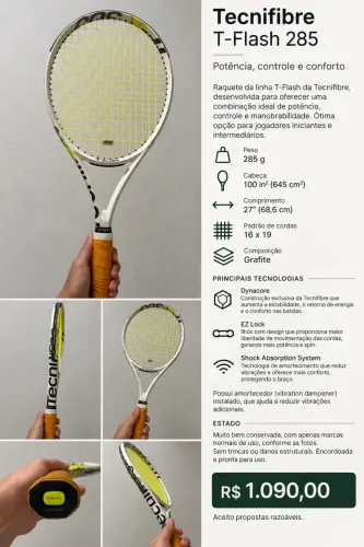 Raquete de Tênis Tecnifibre T-Flash 285 - Grafite + Amortecedor