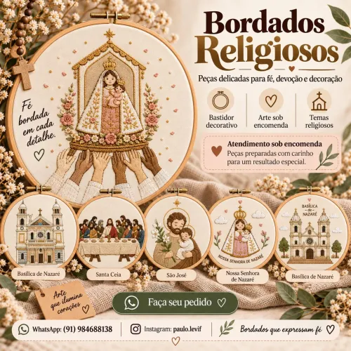 Quadros bordados religiosos em bastidor de madeira