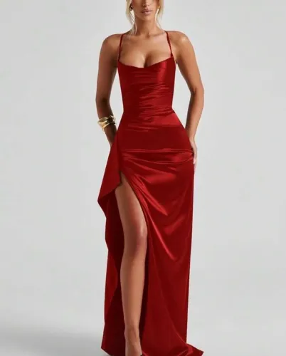 Vestido longo de cetim sem mangas Vermelho