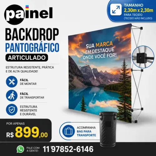 BACKDROP PANTOGRÁFICO ARTICULADO 2,3m x 2,3m - QUALIDADE PROFISSIONAL!