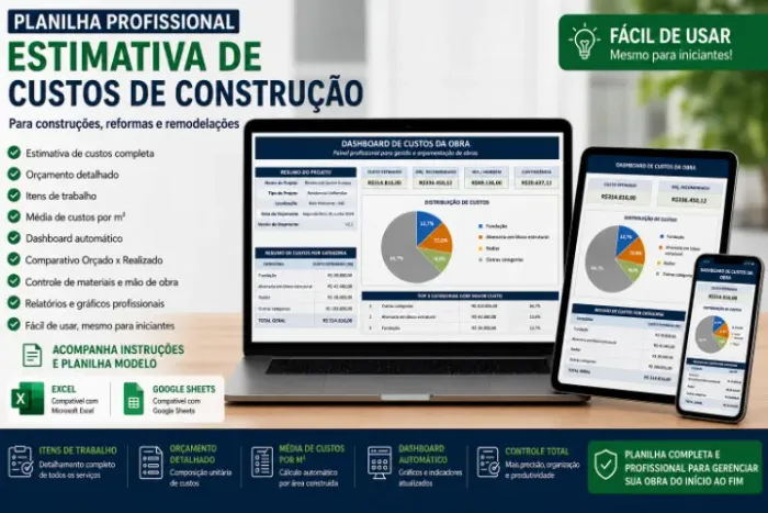 Planilha Orçamento de Obras Excel + Construção + Reforma Casa + Controle de Custos | R$25