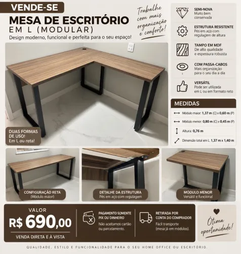 Mesa de escritório em L em excelente estado MDF R$ 690