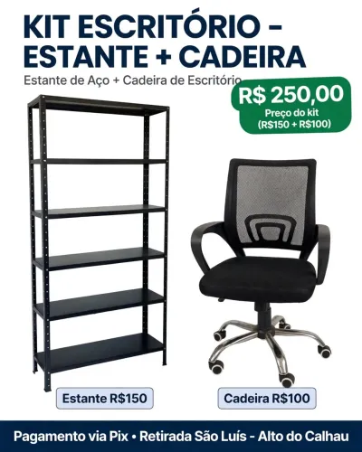 Kit Escritório - Estante de Aço Preta 6 Prateleiras + Cadeira Giratória - R$250 