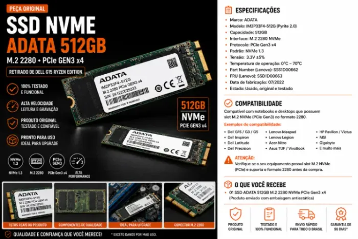 SSD ADATA 512GB NVMe Original Notebook Gamer