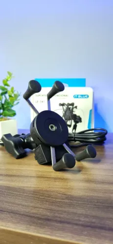 Suporte de Celular com Carregador 2.4a USB Garra para Moto Fixação no Retrovisor ou Parafu