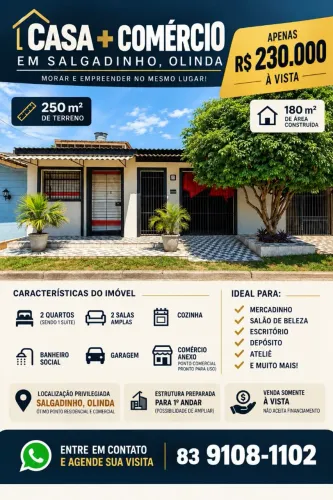 Casa com Ponto Comercial Anexo | 250 m² de Terreno | Salgadinho, Olinda | R$ 230 Mil
