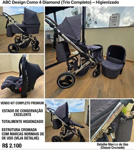 Carrinho de Bebê ABC Design Como 4 Diamond Trio Completo - Higienizado