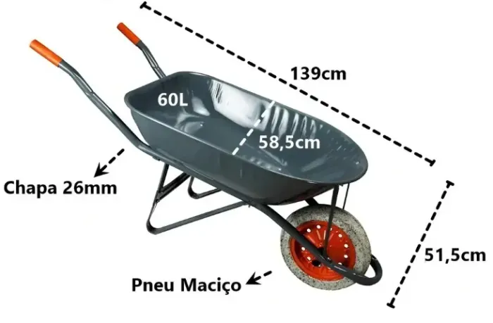 Carrinho de Mão Resistente 60L - pneu maciço.