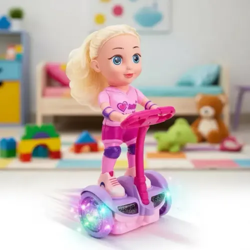 Boneca Com Patinete Hoverboard Giratório Som Luz Bate Volta 