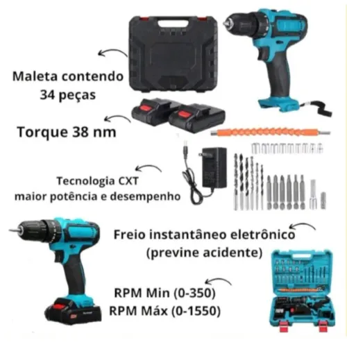 FURADEIRA E PARAFUSADEIRA SEM FIO 2 BATERIAS 36V COM MALETA E ACESSÓRIOS
