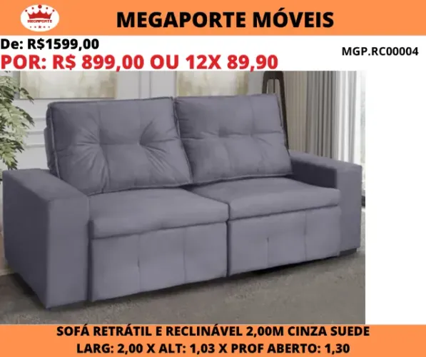 Sofá Retrátil e Reclinável 2,00 Suede