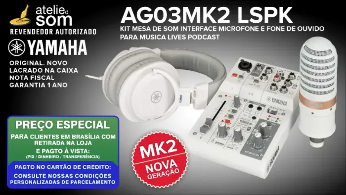 AG03MK2 Lspk Yamaha Branca Kit Interface Mic e Fone de Ouvido p/ Musica Lives Podcast