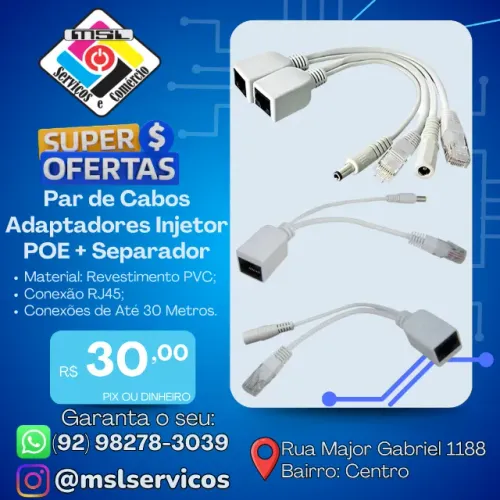 Par de Cabos Adaptadores Injetor POE + Separador - Alimentação e Dados no Mesmo Cabo!