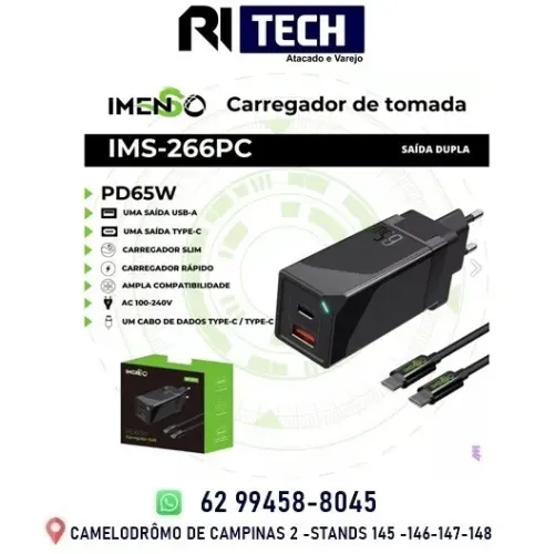 Carregador Rápido Imenso 65W USB-A e Type-C PD IMS-266PC Notebook 5 a 20V Saida Dupla