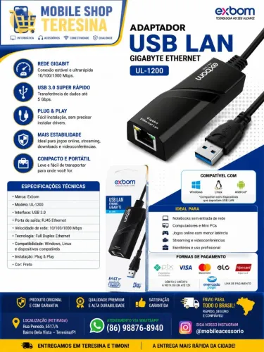Adaptador USB 3.0 para Rede LAN RJ45 Gigabit Exbom UL-1200