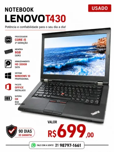 Notebook Lenovo t430 Core i5 da 3 geração, 8gb, hd 320gb, Windows 10 + pacote Office