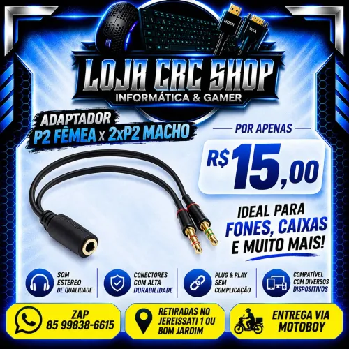Adaptador P2 Fêmea x 2xP2 Macho
