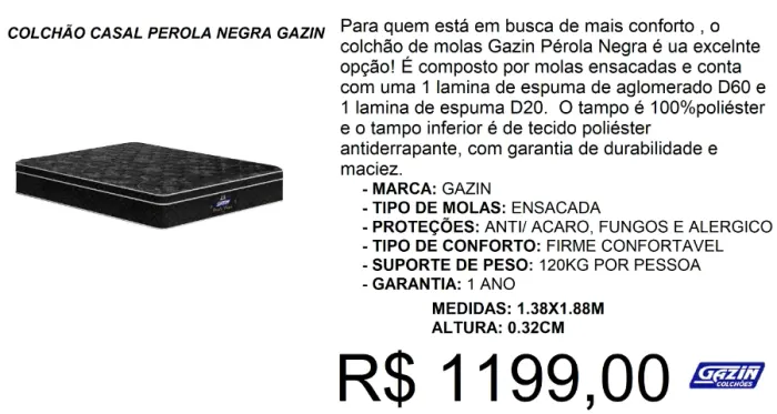 Colchão - perola negra - casal - compre hoje e receba em até 72 horas