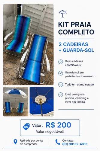 Conjunto cadeira e guarda sol praia