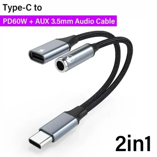 Cabo Adaptador USB Tipo C para P2 3,5mm PD 60W 2 em 1 Fone e Carregamento