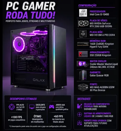 Pc gamer i5 10a geração + 2060 + 16gb RAM