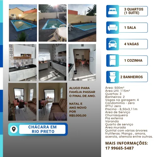 CHÁCARA COM PISCINA PARA LOCAÇÃO DE NATAL E ANO-NOVO - SÃO JOSÉ DO RIO PRETO/SP
