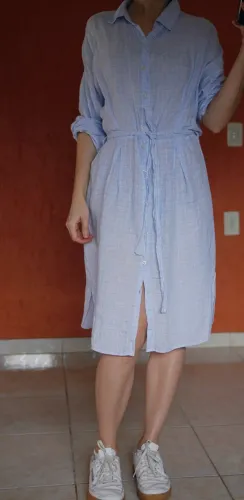 vestido chemise de linho xadrez azul