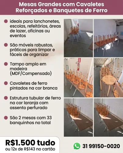 Conjunto de Mesas Grandes com Cavaletes Reforçados e Banquetes de Ferro